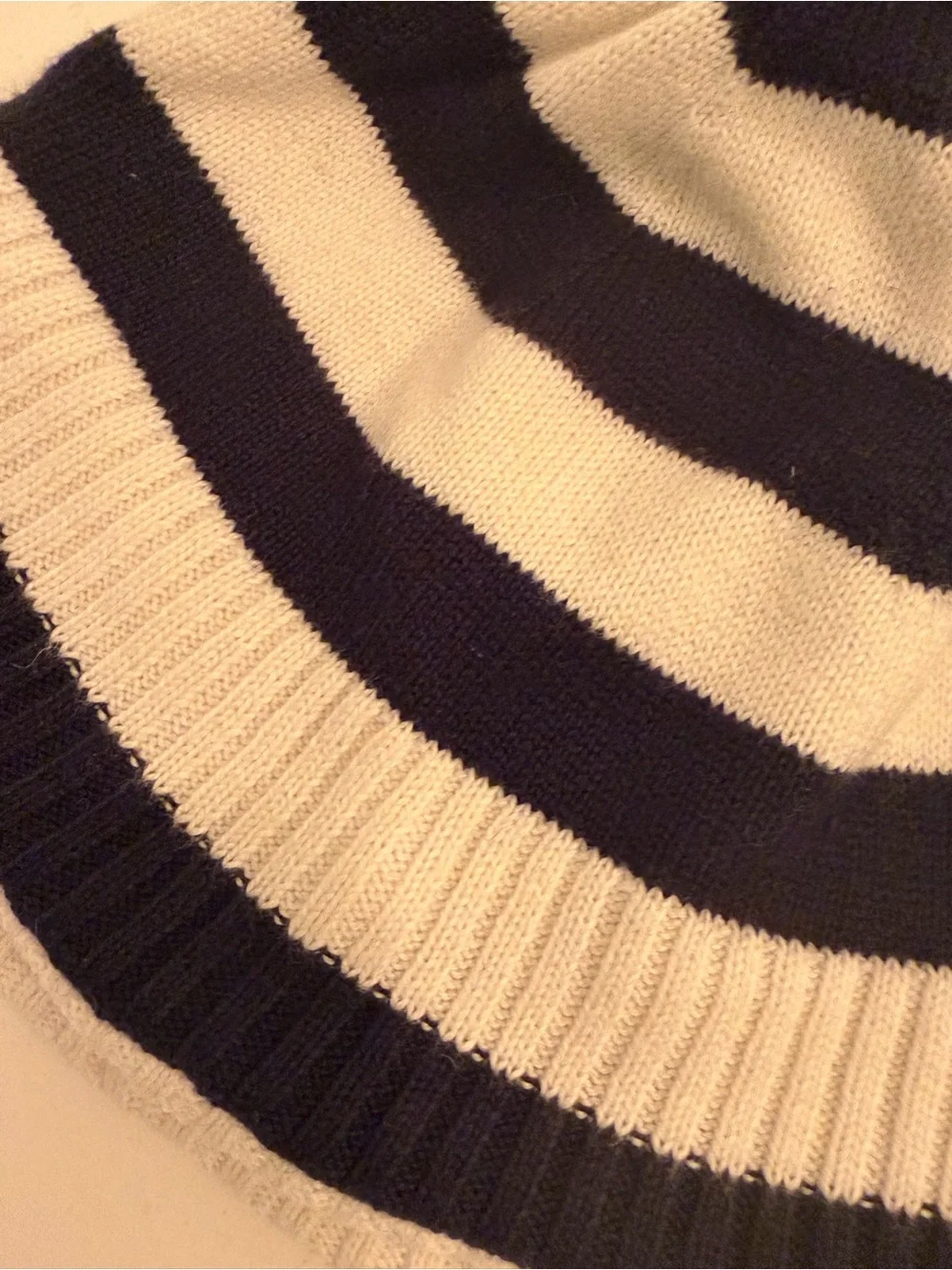 Vintage Navy and Cream Striped Earflap Baby Hat with Pom
